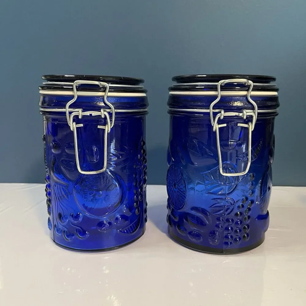 Vtg Cobalt Blue Glass Canister Jar Set (2) Hinged Wire Bail 6” Fruit Design READ